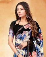 Vishal Prints Black And Dark Coral Digital Print Georgette Saree With Fancy Border