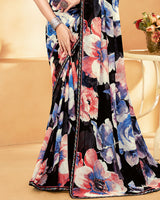 Vishal Prints Black And Dark Coral Digital Print Georgette Saree With Fancy Border