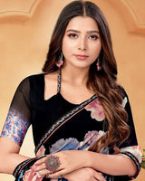 Vishal Prints Black And Dark Coral Digital Print Georgette Saree With Fancy Border