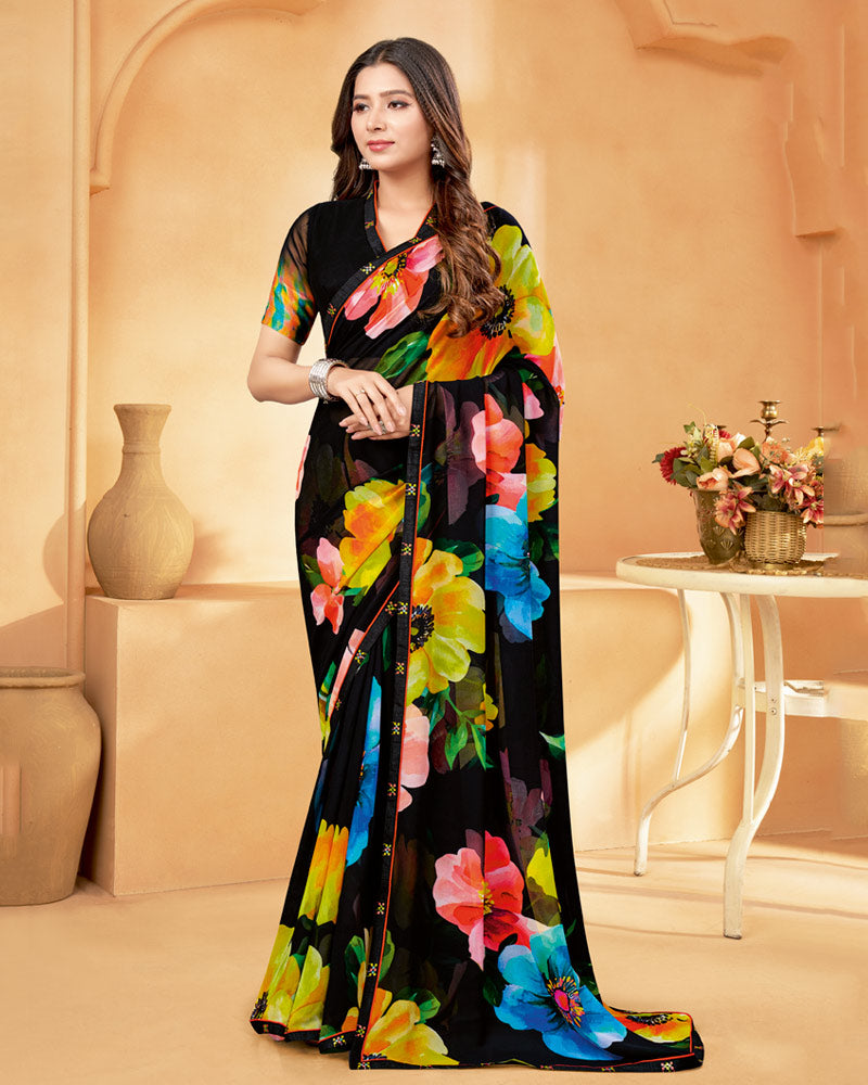 Vishal Prints Black And Olive Yellow Digital Print Georgette Saree With Fancy Border