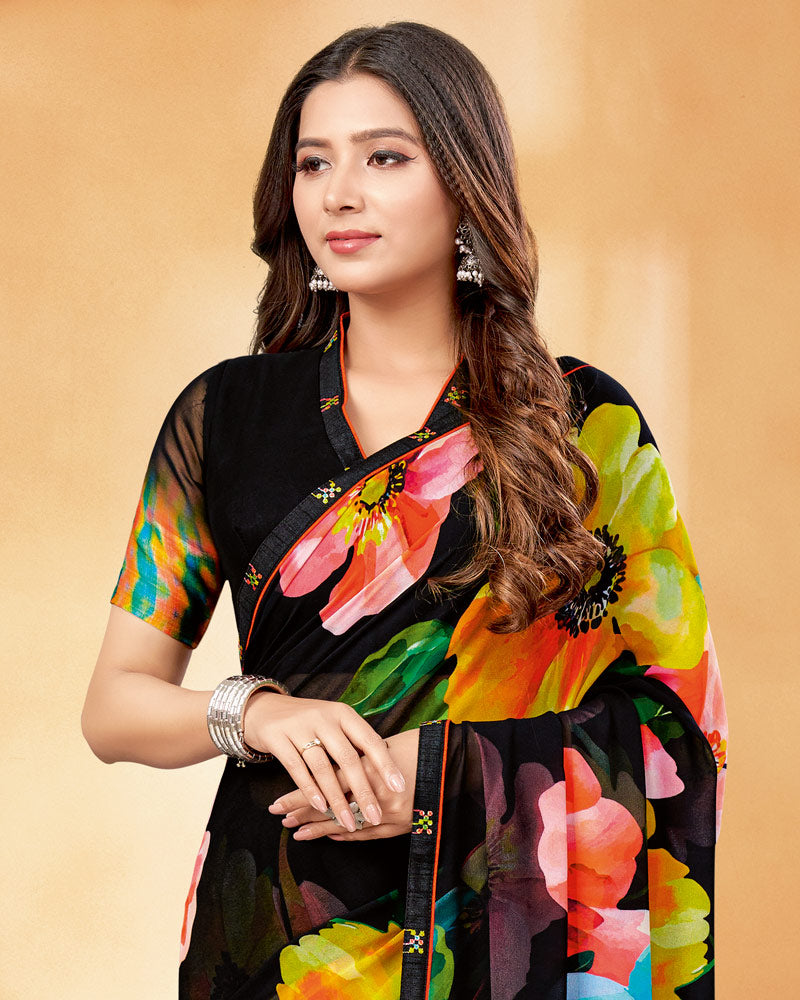 Vishal Prints Black And Olive Yellow Digital Print Georgette Saree With Fancy Border