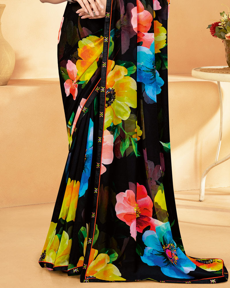 Vishal Prints Black And Olive Yellow Digital Print Georgette Saree With Fancy Border