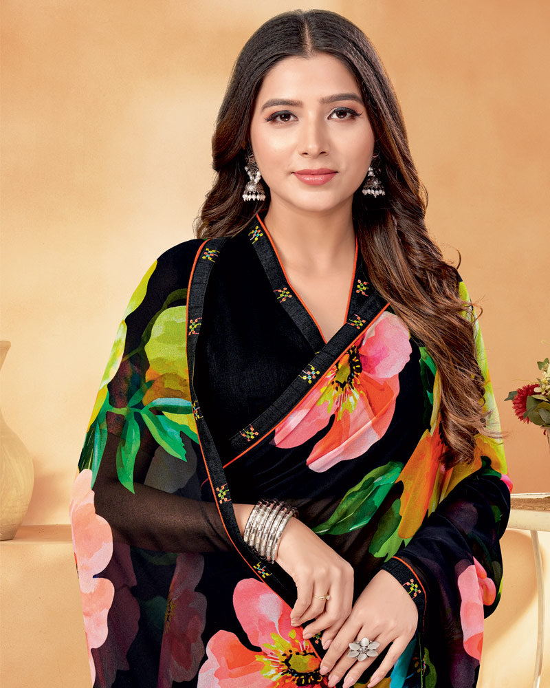 Vishal Prints Black And Olive Yellow Digital Print Georgette Saree With Fancy Border