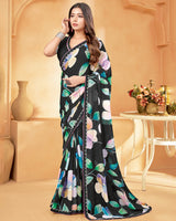 Vishal Prints Black And Mint Green Digital Print Georgette Saree With Fancy Border