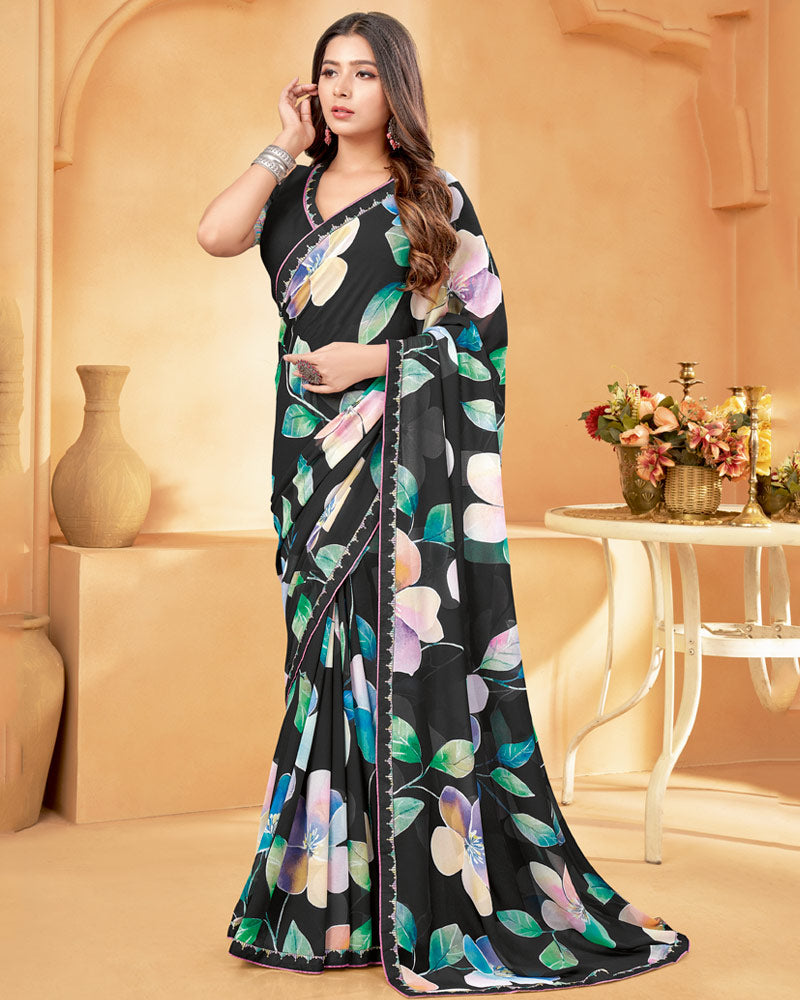 Vishal Prints Black And Mint Green Digital Print Georgette Saree With Fancy Border