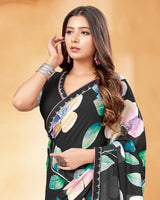 Vishal Prints Black And Mint Green Digital Print Georgette Saree With Fancy Border