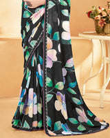 Vishal Prints Black And Mint Green Digital Print Georgette Saree With Fancy Border