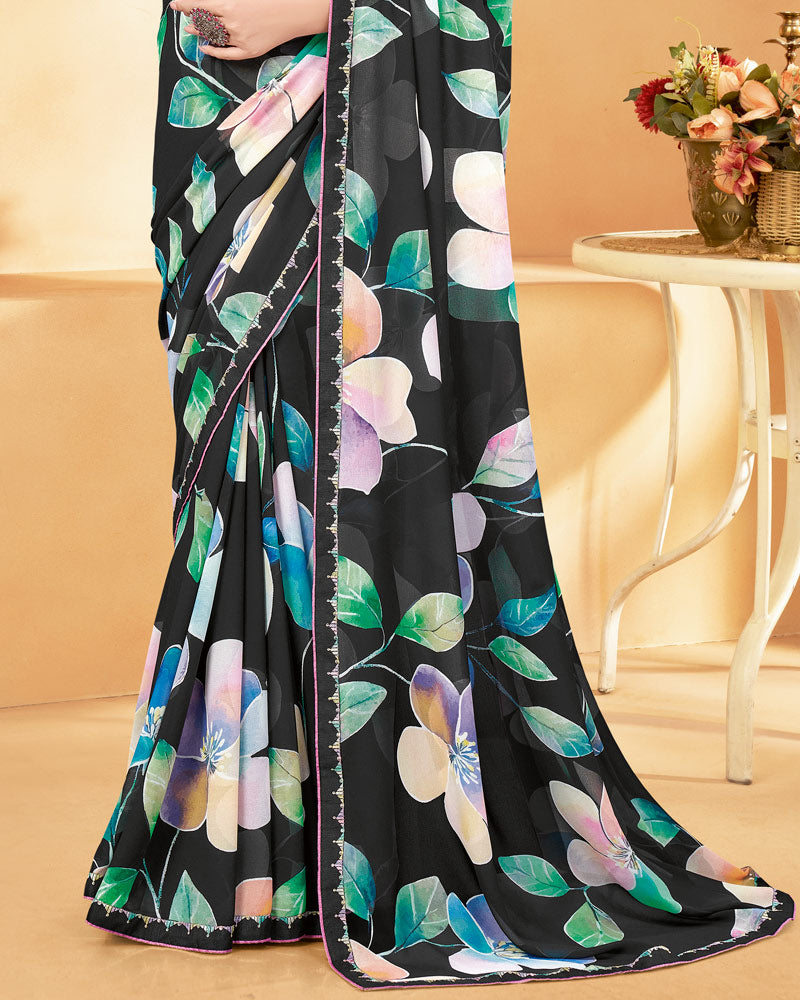 Vishal Prints Black And Mint Green Digital Print Georgette Saree With Fancy Border