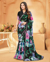 Vishal Prints Black And Spring Green Digital Print Georgette Saree With Fancy Border