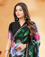 Vishal Prints Black And Spring Green Digital Print Georgette Saree With Fancy Border