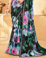 Vishal Prints Black And Spring Green Digital Print Georgette Saree With Fancy Border
