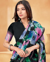 Vishal Prints Black And Spring Green Digital Print Georgette Saree With Fancy Border