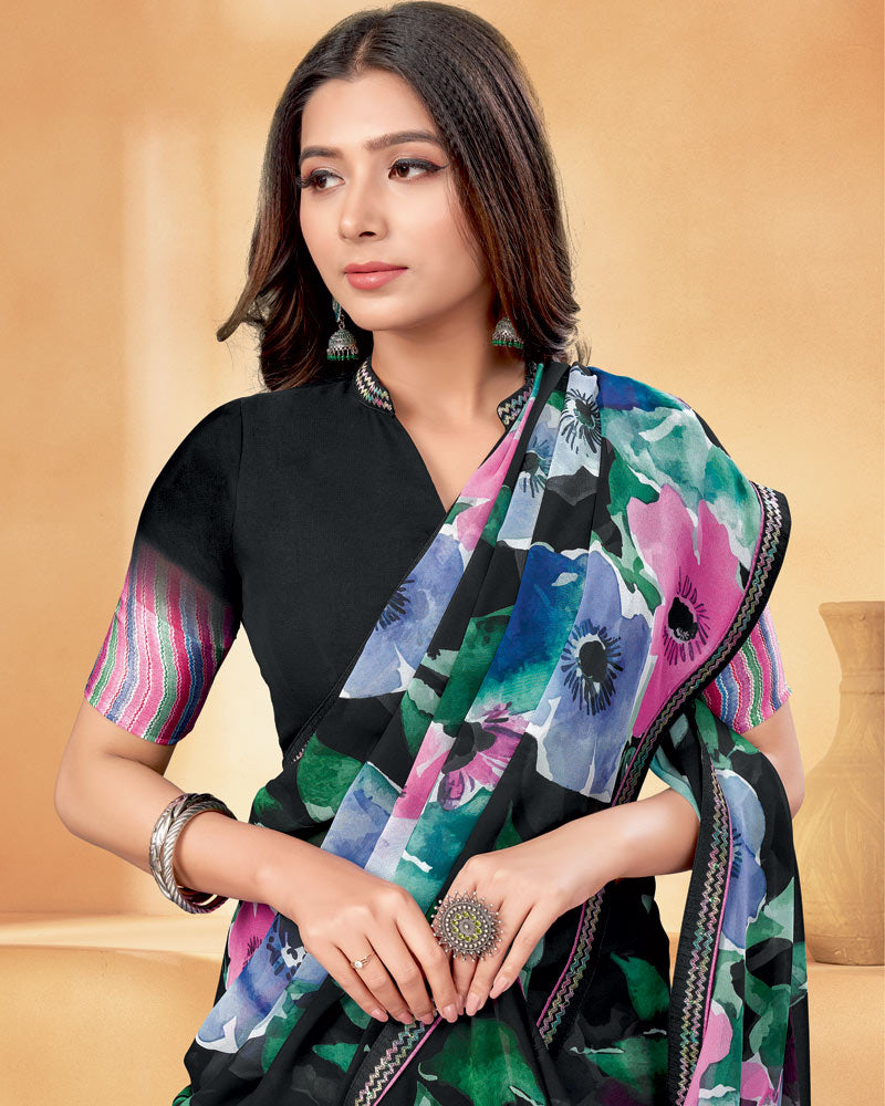 Vishal Prints Black And Spring Green Digital Print Georgette Saree With Fancy Border