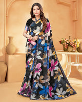 Vishal Prints Black And Electric Blue Digital Print Georgette Saree With Fancy Border