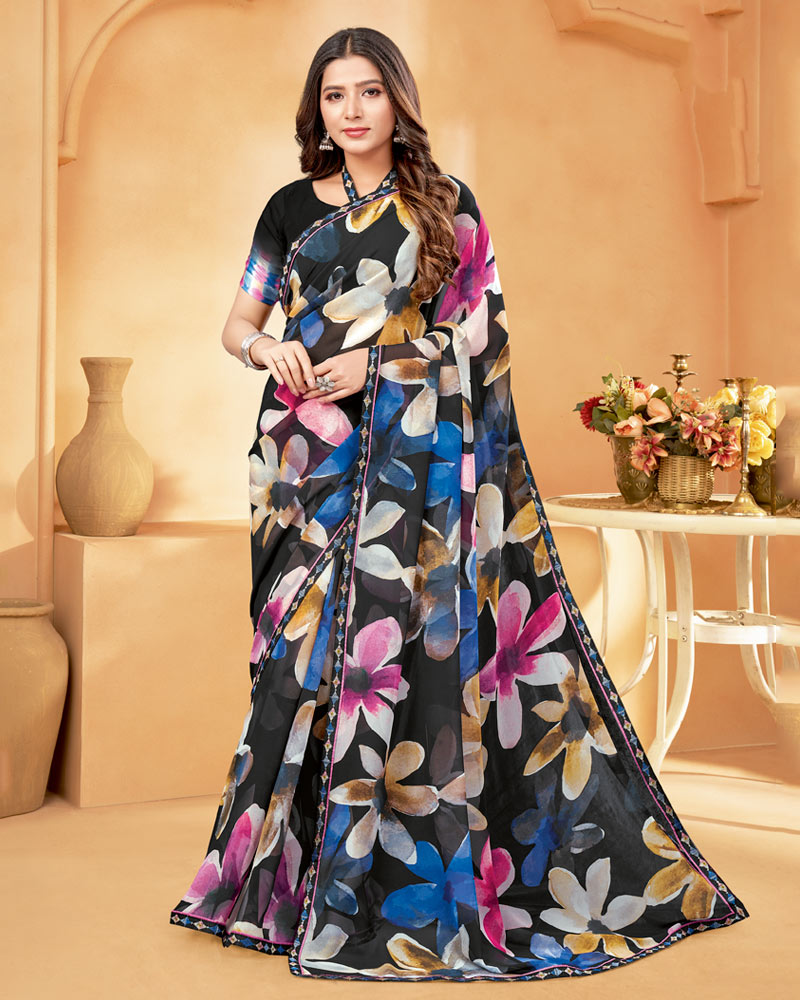 Vishal Prints Black And Electric Blue Digital Print Georgette Saree With Fancy Border