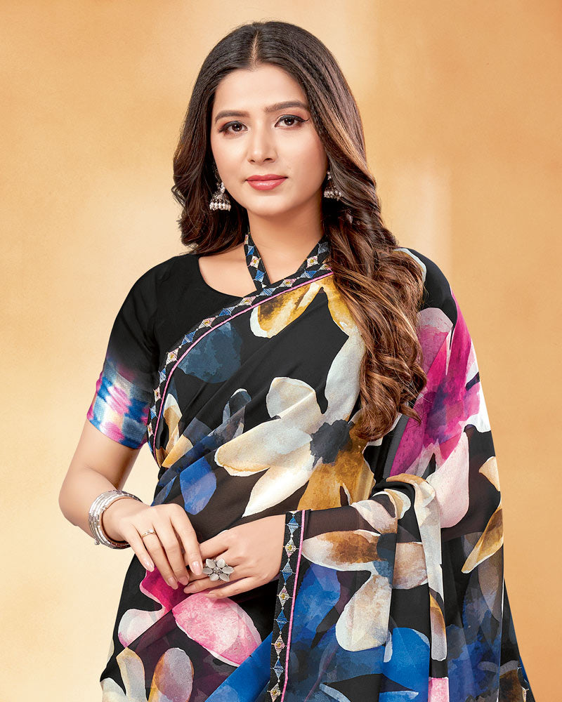 Vishal Prints Black And Electric Blue Digital Print Georgette Saree With Fancy Border