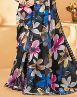 Vishal Prints Black And Electric Blue Digital Print Georgette Saree With Fancy Border