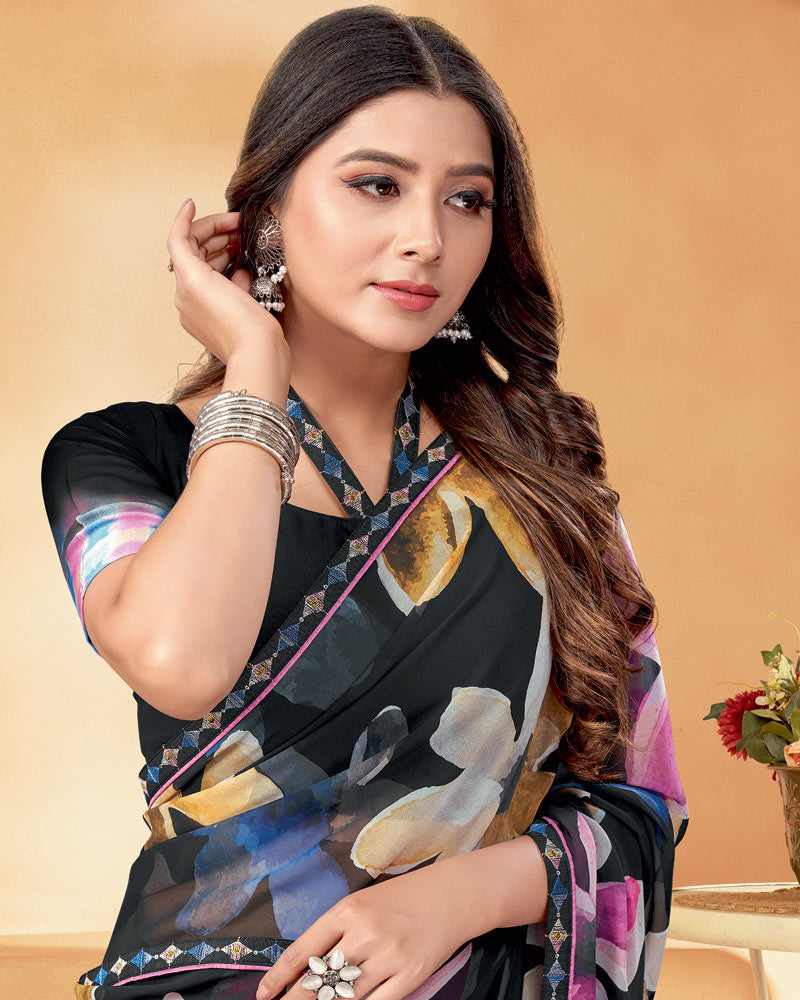 Vishal Prints Black And Electric Blue Digital Print Georgette Saree With Fancy Border