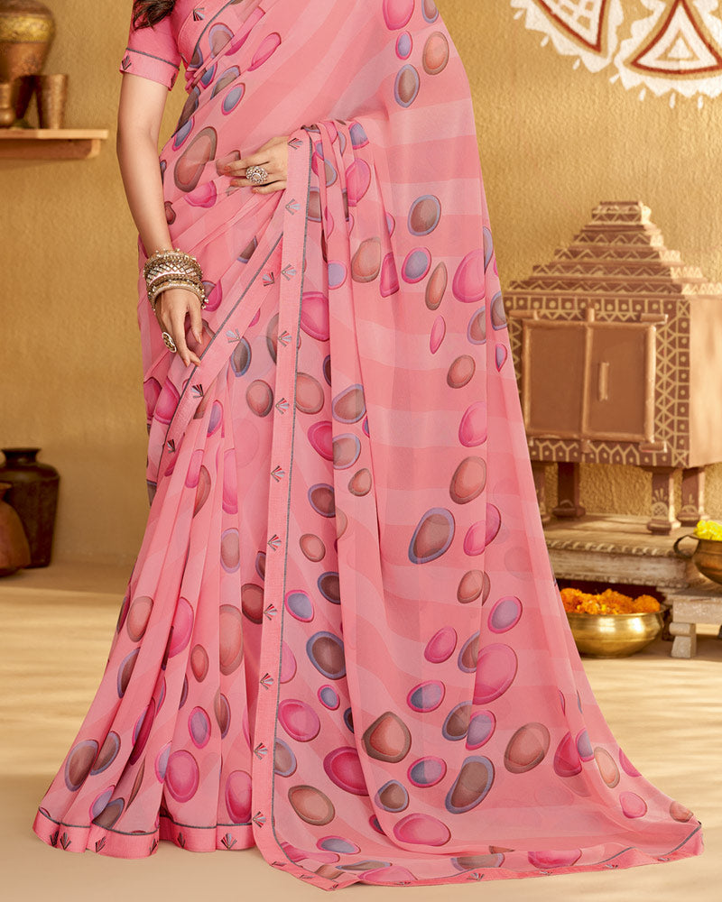 Vishal Prints Pastel Red Printed Georgette Saree With Fancy Border