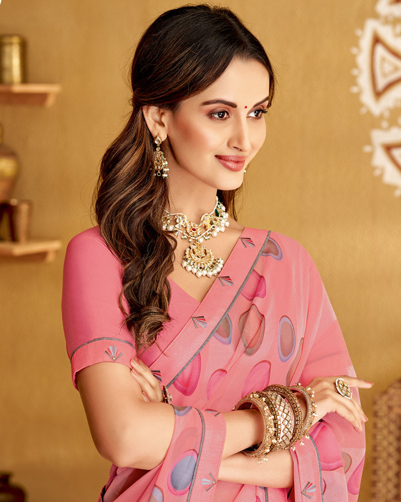 Vishal Prints Pastel Red Printed Georgette Saree With Fancy Border