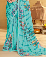 Vishal Prints Turquoise Blue Printed Georgette Saree With Fancy Border