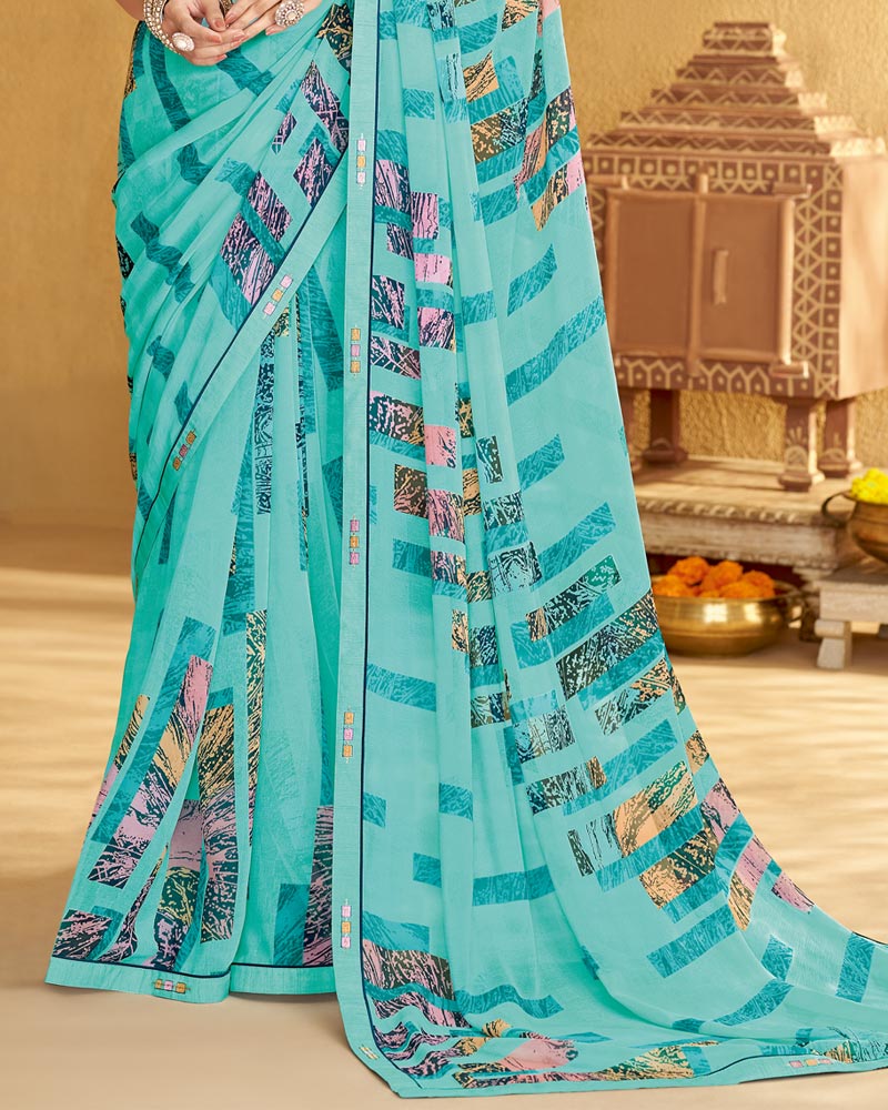 Vishal Prints Turquoise Blue Printed Georgette Saree With Fancy Border