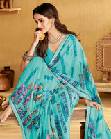 Vishal Prints Turquoise Blue Printed Georgette Saree With Fancy Border