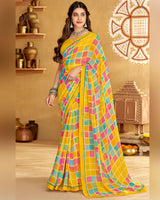 Vishal Prints Dark Yellow Printed Georgette Saree With Fancy Border