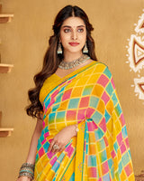 Vishal Prints Dark Yellow Printed Georgette Saree With Fancy Border