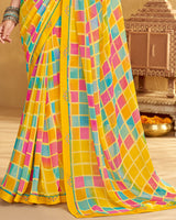Vishal Prints Dark Yellow Printed Georgette Saree With Fancy Border