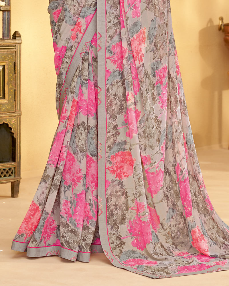 Vishal Prints Silver Printed Georgette Saree With Fancy Border