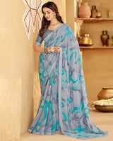 Vishal Prints Cool Grey Printed Georgette Saree With Fancy Border