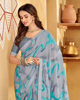 Vishal Prints Cool Grey Printed Georgette Saree With Fancy Border