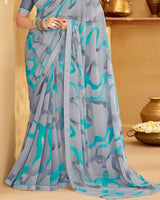 Vishal Prints Cool Grey Printed Georgette Saree With Fancy Border
