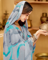 Vishal Prints Cool Grey Printed Georgette Saree With Fancy Border