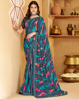 Vishal Prints Peacock Blue Printed Georgette Saree With Fancy Border