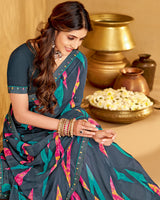 Vishal Prints Peacock Blue Printed Georgette Saree With Fancy Border