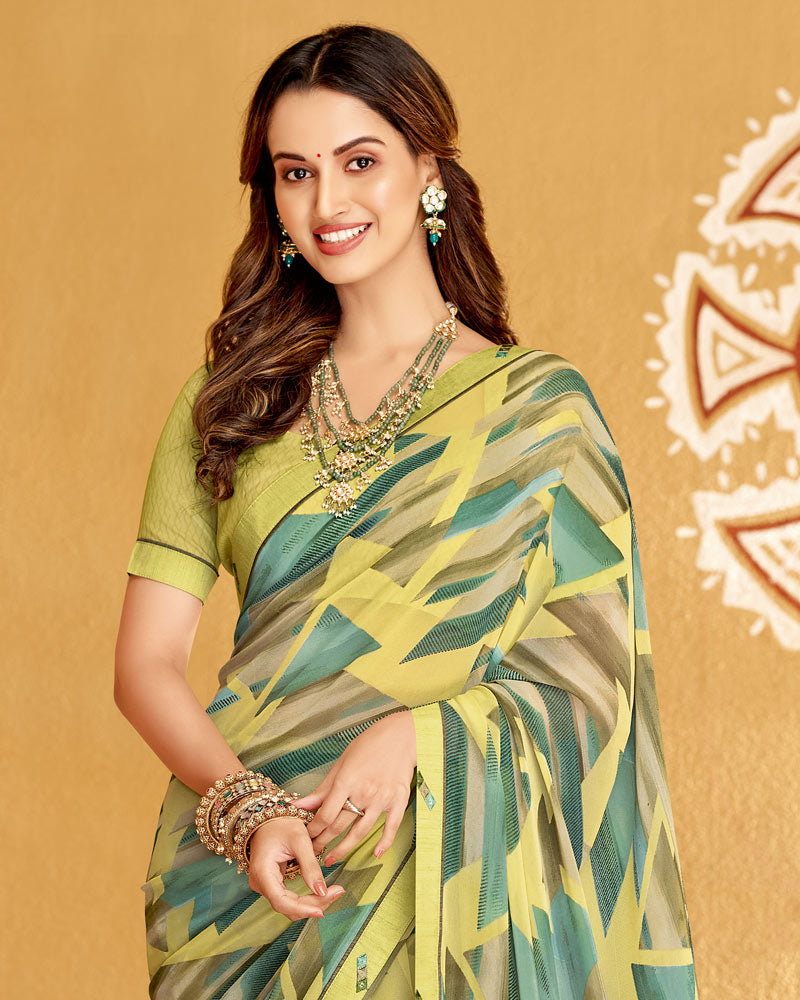 Vishal Prints Light Mehandi Green Printed Georgette Saree With Fancy Border