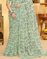 Vishal Prints Turquoise Green Printed Georgette Saree With Fancy Border