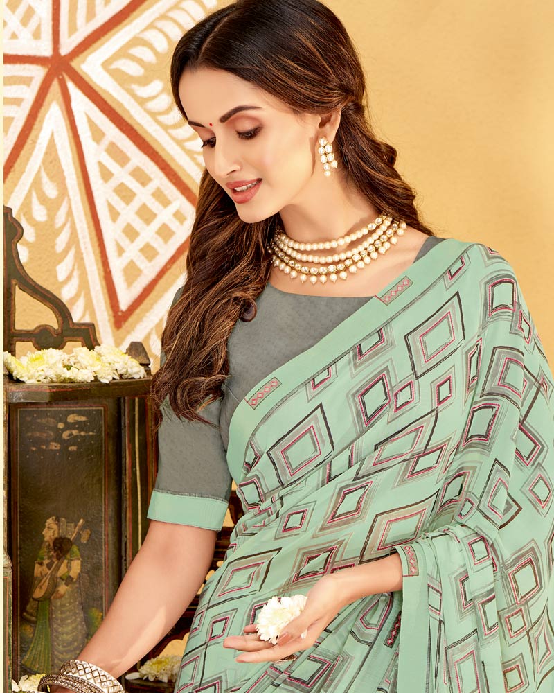 Vishal Prints Turquoise Green Printed Georgette Saree With Fancy Border