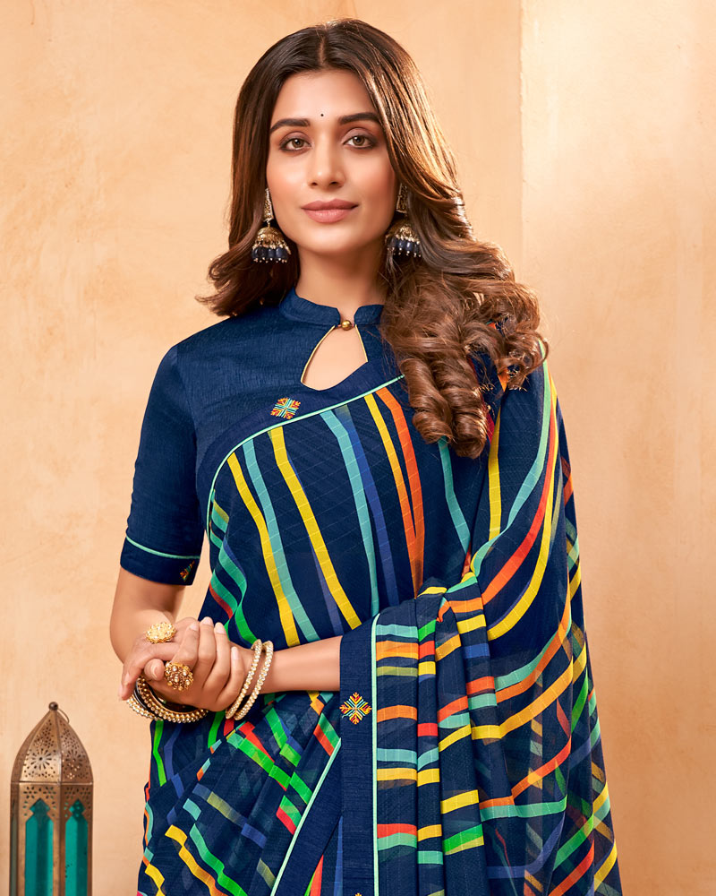 Vishal Prints Navy Blue Fancy Georgette Saree With Border