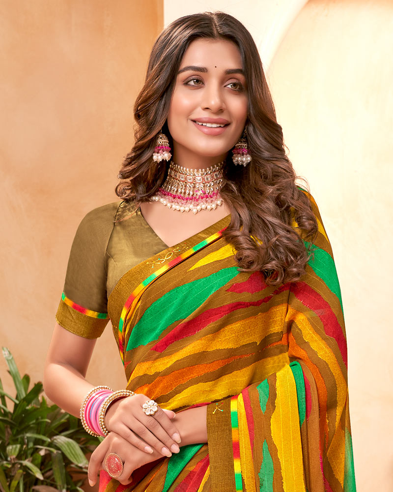 Vishal Prints Dark Sand Fancy Georgette Saree With Border