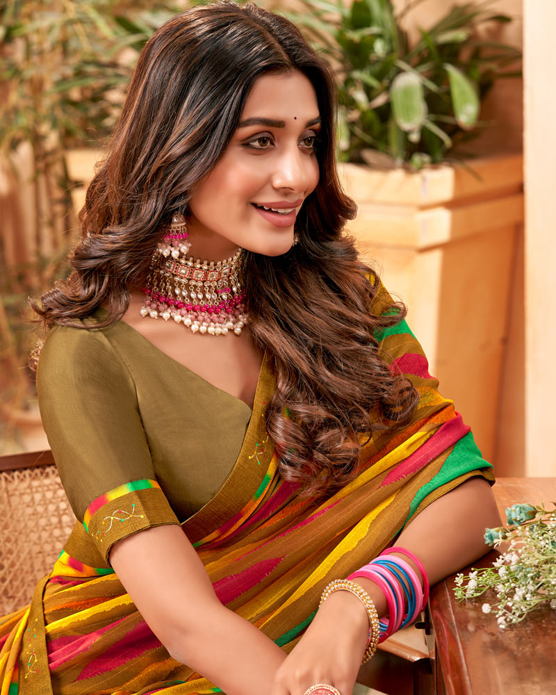Vishal Prints Dark Sand Fancy Georgette Saree With Border