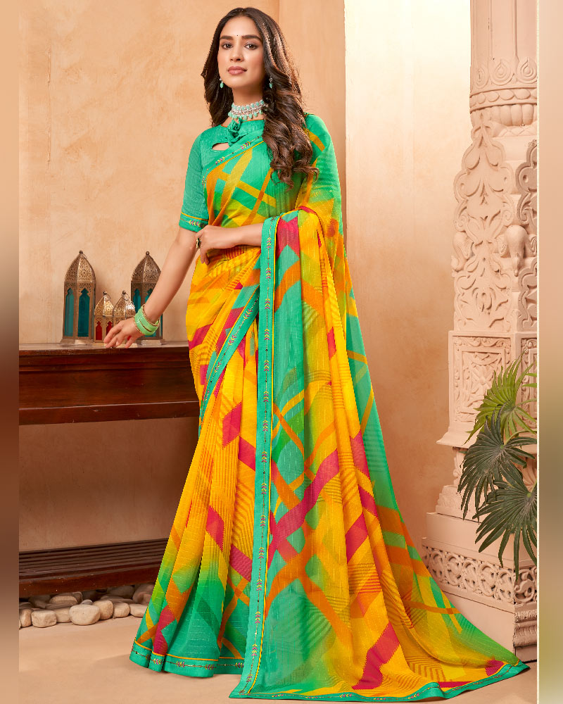 Vishal Prints Dark Mint Green Fancy Georgette Saree With Border