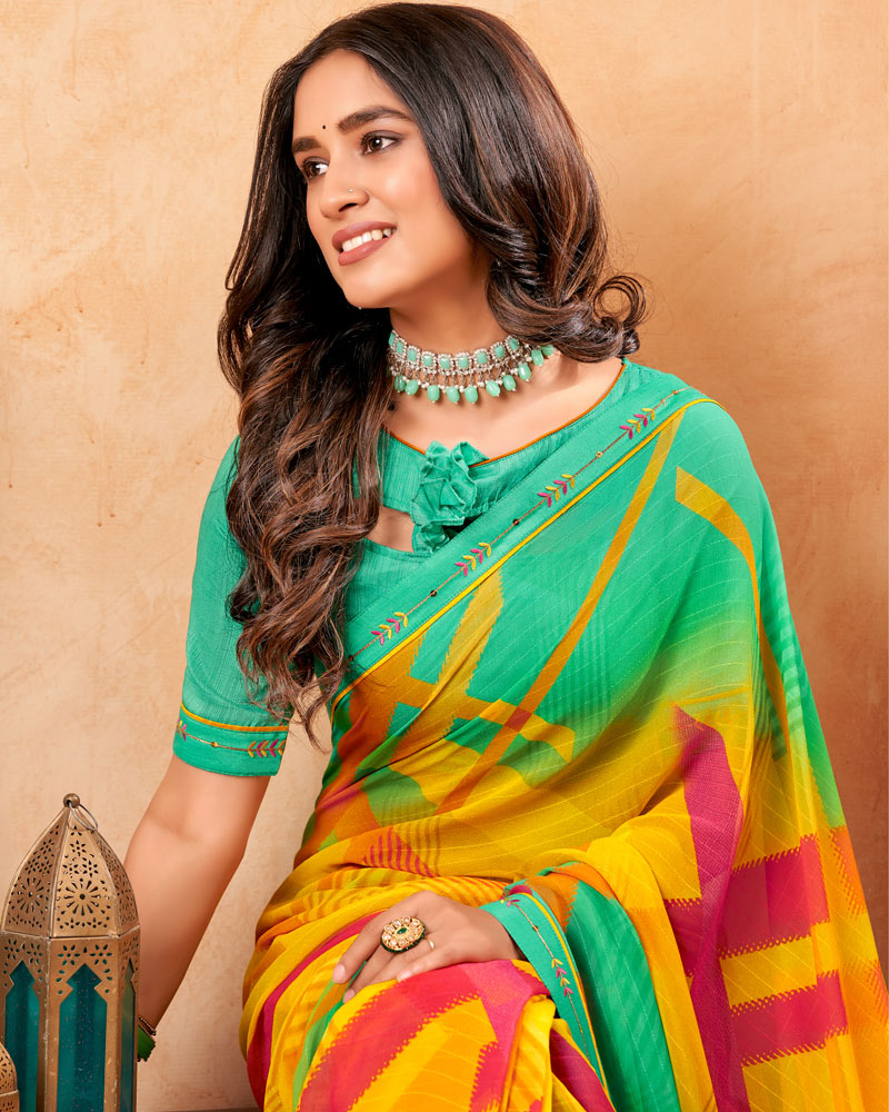 Vishal Prints Dark Mint Green Fancy Georgette Saree With Border