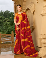 Vishal Prints Brick Red And Carrot Orange Printed Georgette Traditional Print Saree With Embellished Diamond Work And Fancy Border