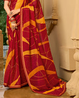 Vishal Prints Brick Red And Carrot Orange Printed Georgette Traditional Print Saree With Embellished Diamond Work And Fancy Border