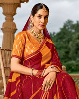 Vishal Prints Brick Red And Carrot Orange Printed Georgette Traditional Print Saree With Embellished Diamond Work And Fancy Border