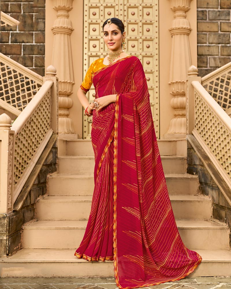 Vishal Prints Paprika Red Printed Georgette Traditional Print Saree With Embellished Diamond Work And Cut Work Border