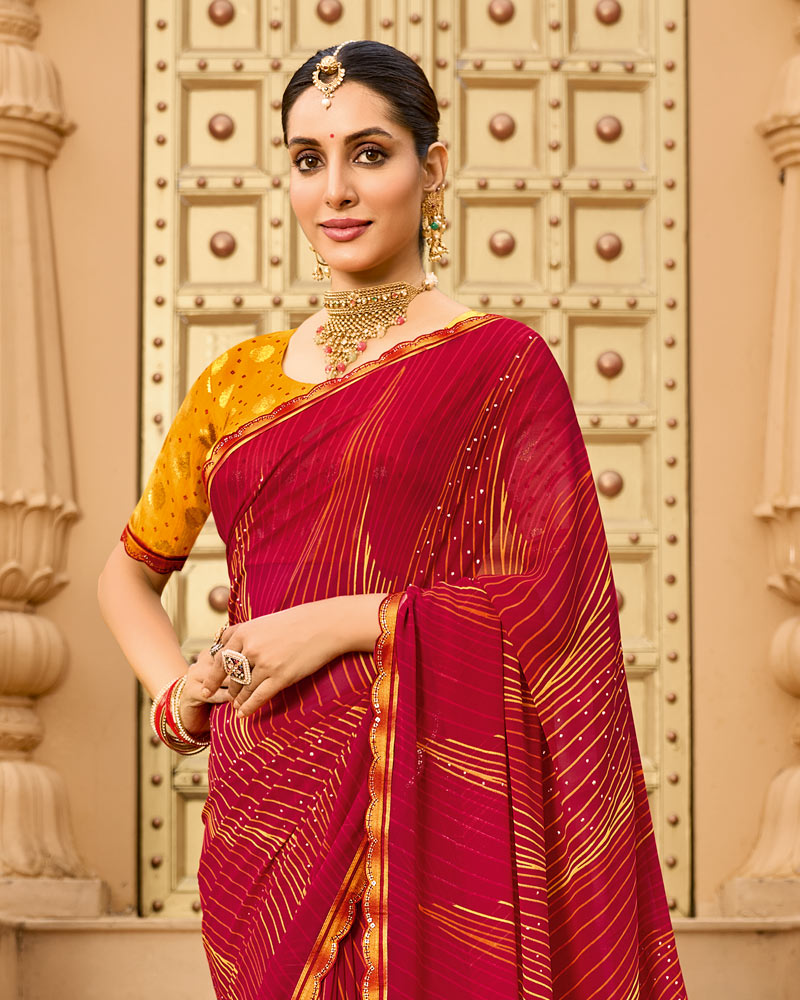 Vishal Prints Paprika Red Printed Georgette Traditional Print Saree With Embellished Diamond Work And Cut Work Border